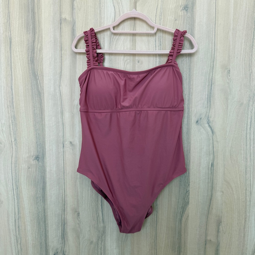 Kona Sol One Piece Swimsuit XL Pink Ruffle Tie Back Coastal Resort Summer Beach